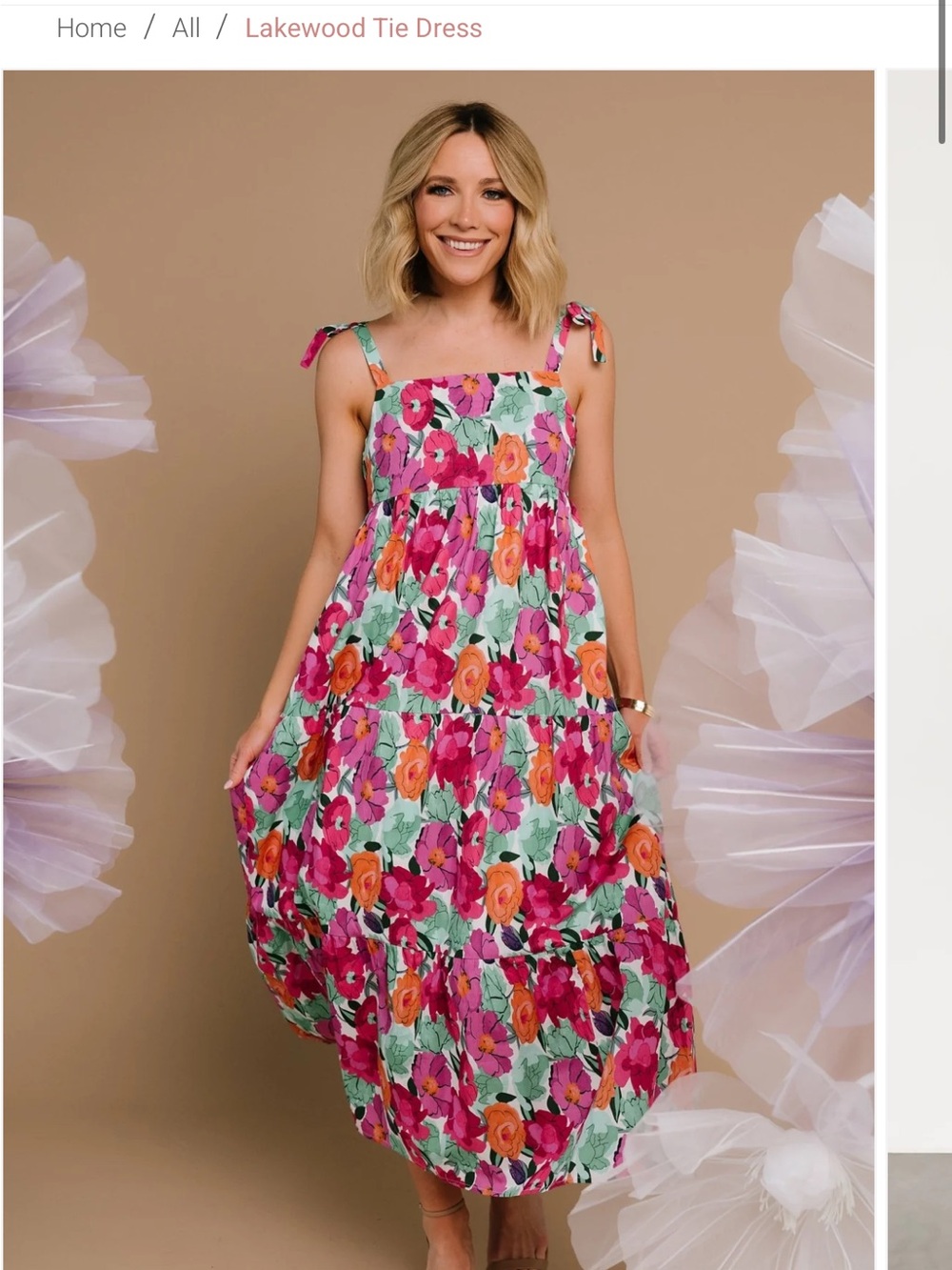 Polagram Floral Tie-Shoulder Maxi Dress — Pink, Orange, Mint